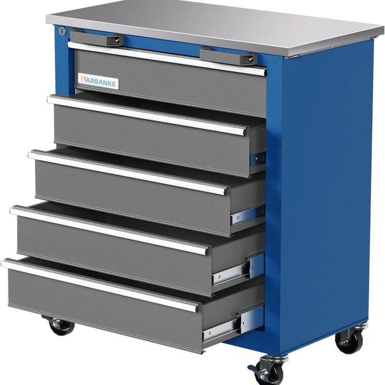 Blue garage cabinet set with five gray drawers and stainless steel top