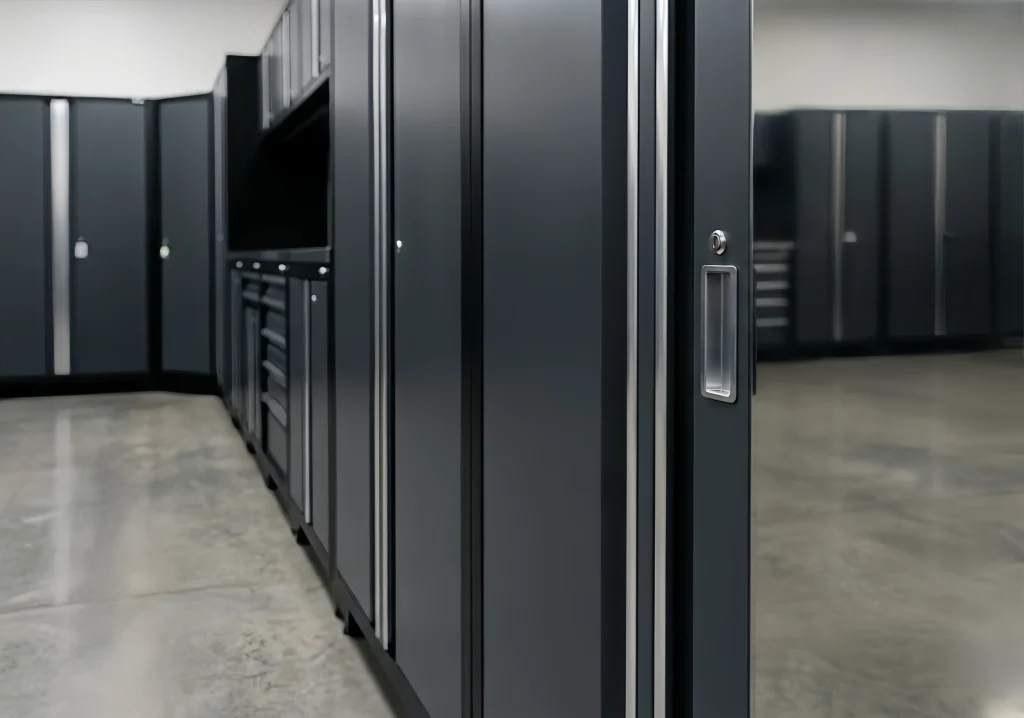 Sleek gray garage cabinet set with multiple storage compartments in a modern garage