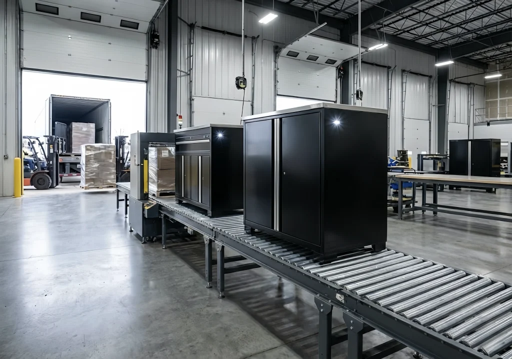 Black garage cabinet set on a conveyor belt in a warehouse setting