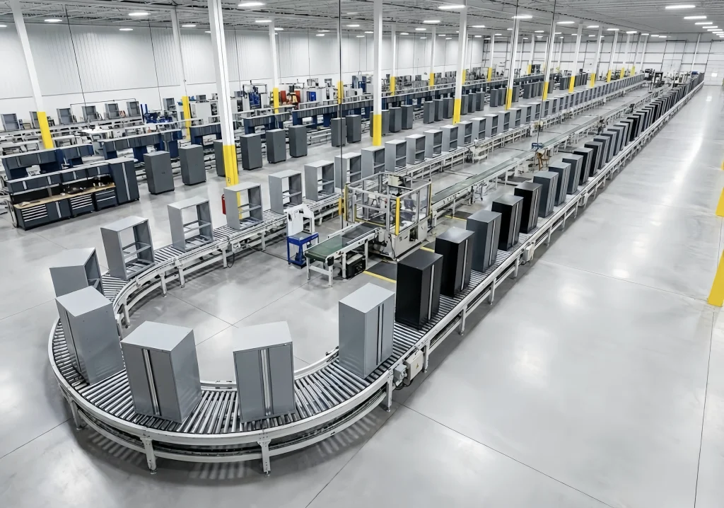 Warehouse assembly line with garage cabinet sets ready for shipment