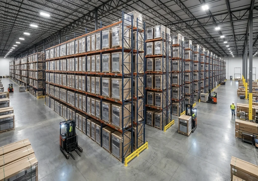 Large warehouse interior with organized shelving and forklifts moving boxes