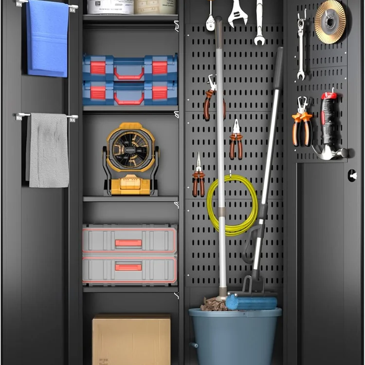 Garage cabinet set with organized tools, storage bins, and cleaning supplies