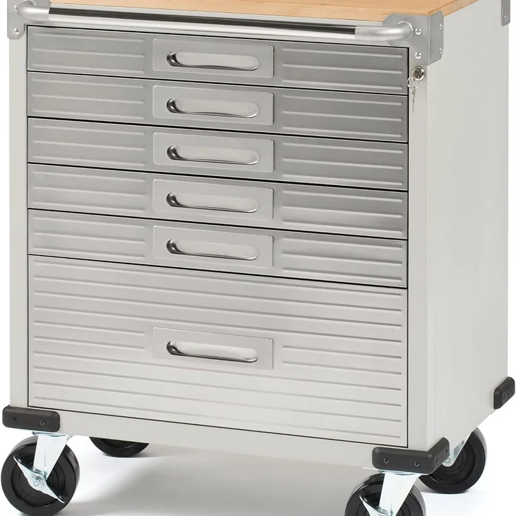 Garage cabinet set with multiple drawers and wooden top on wheels