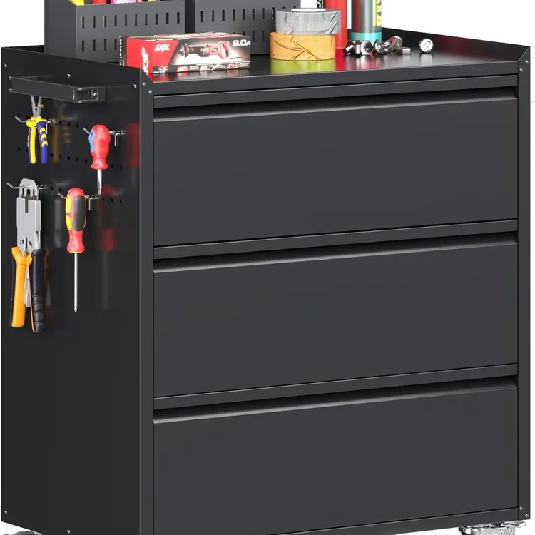 Black garage cabinet set with three drawers and tool storage on top