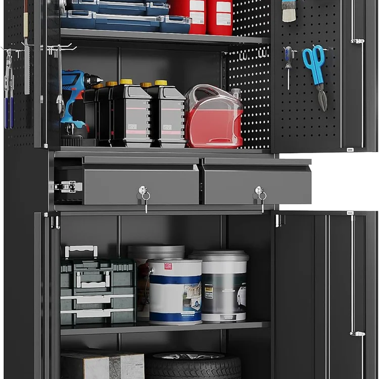 Garage cabinet set with tools, storage bins, and organized supplies in a garage setting
