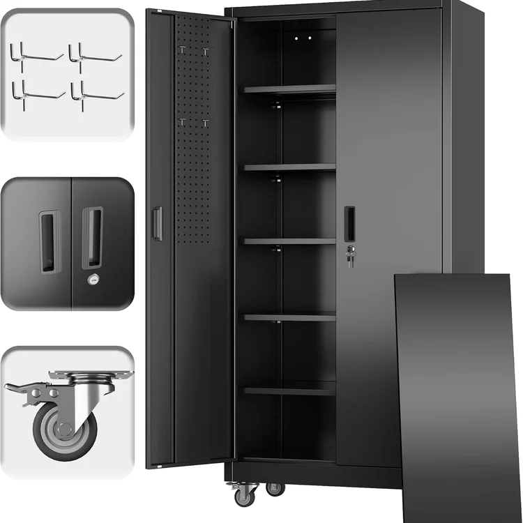 Black garage cabinet set with shelves, hooks, and locking doors for storage.
