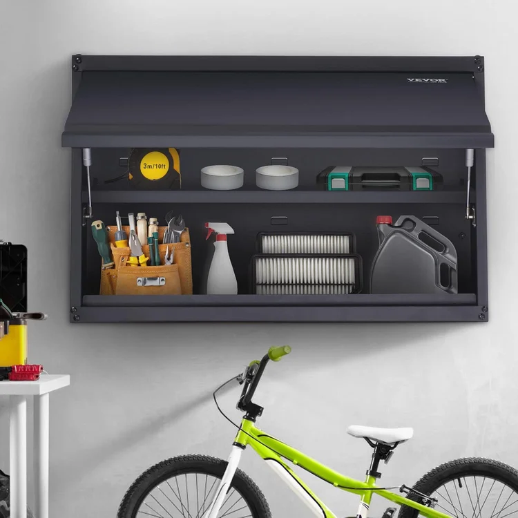 Garage cabinet set mounted on wall with tools and storage containers