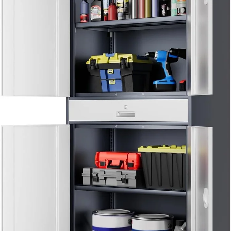 Garage cabinet set with tools, paint cans, and storage bins organized inside