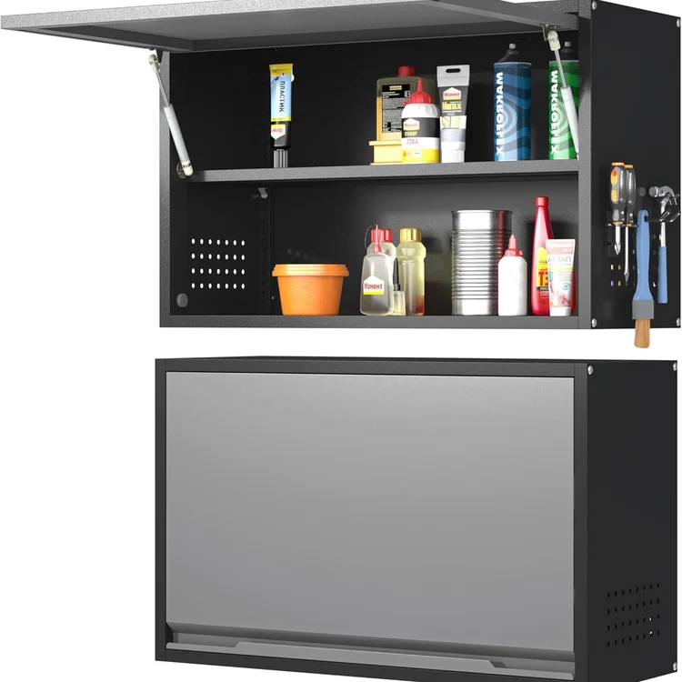 Garage cabinet set with open top shelf displaying tools and storage containers