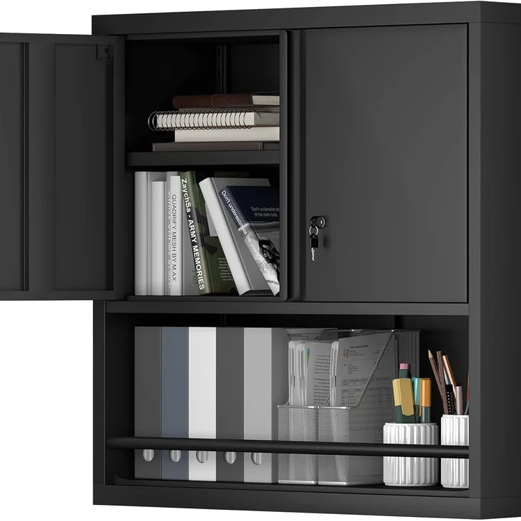 Black garage cabinet set with books, files, and office supplies organized inside.