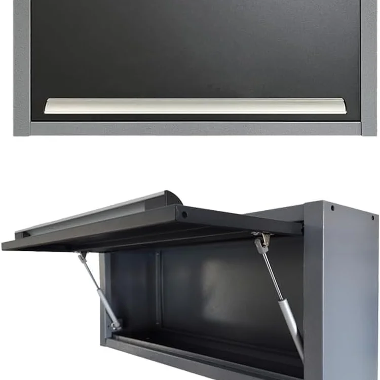 Sleek black garage cabinet set with a silver handle and open storage compartment