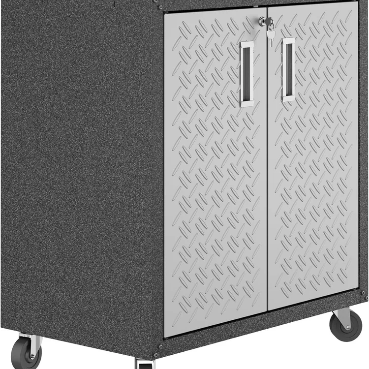 Garage cabinet set with textured gray finish and double doors on wheels