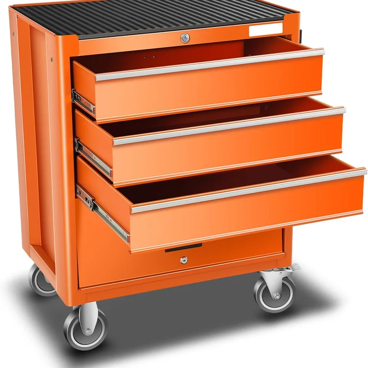 Orange garage cabinet set with four spacious drawers on wheels