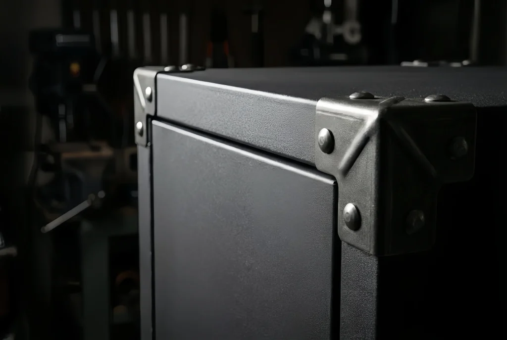 Close-up of corner detail on a sturdy garage cabinet set with metal hardware