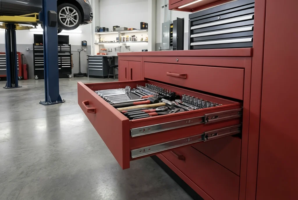 Red garage cabinet set with open drawer displaying various tools in a workshop setting