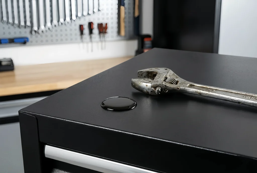 Garage cabinet set with a wrench and oil on the work surface
