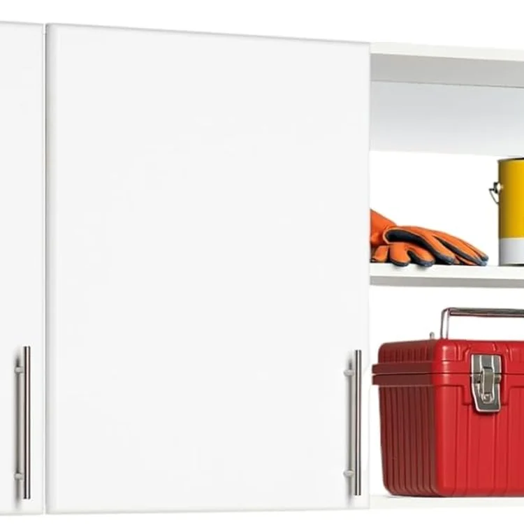 White garage cabinet set with red toolbox and orange gloves displayed inside